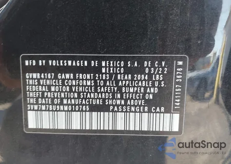 2022 Volkswagen Jetta 1.5T Se z USA, uszkodzony, nr VIN 3VW7M7BU9NM010765